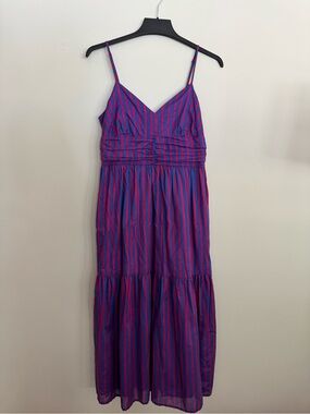 Banana Republic Strappy Voile Midi Dress Fuschia/Blue Stripes Ruched Tiered